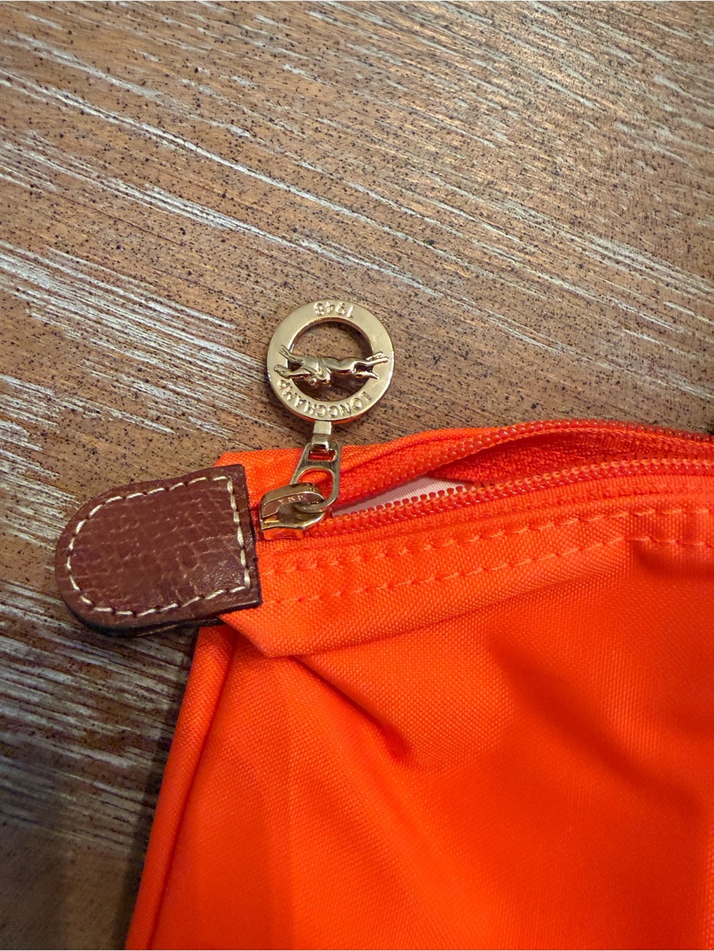 Longchamp Le Pliage Orange Nylon Brown Leather Tote Handbag 14x10x5 - Picture 4 of 10